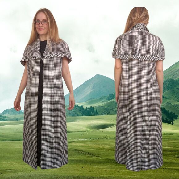 Vintage 60s Mod Black White Gingham Cloak Cape Red Lining S - Picture 2 of 8